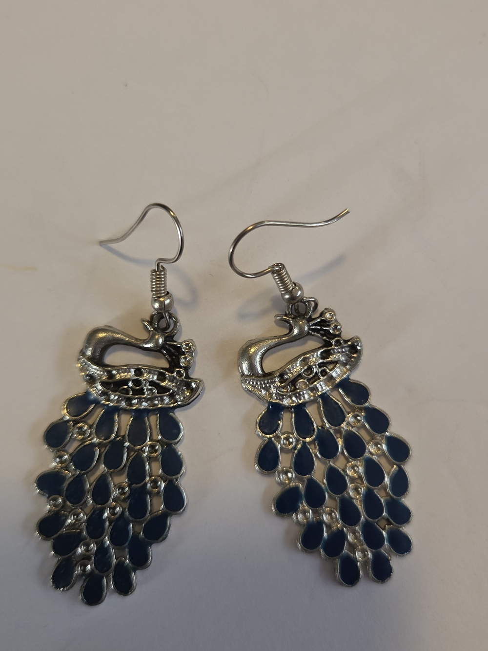 Silver-Tone Peacock Drop Earrings with Navy Blue Accents